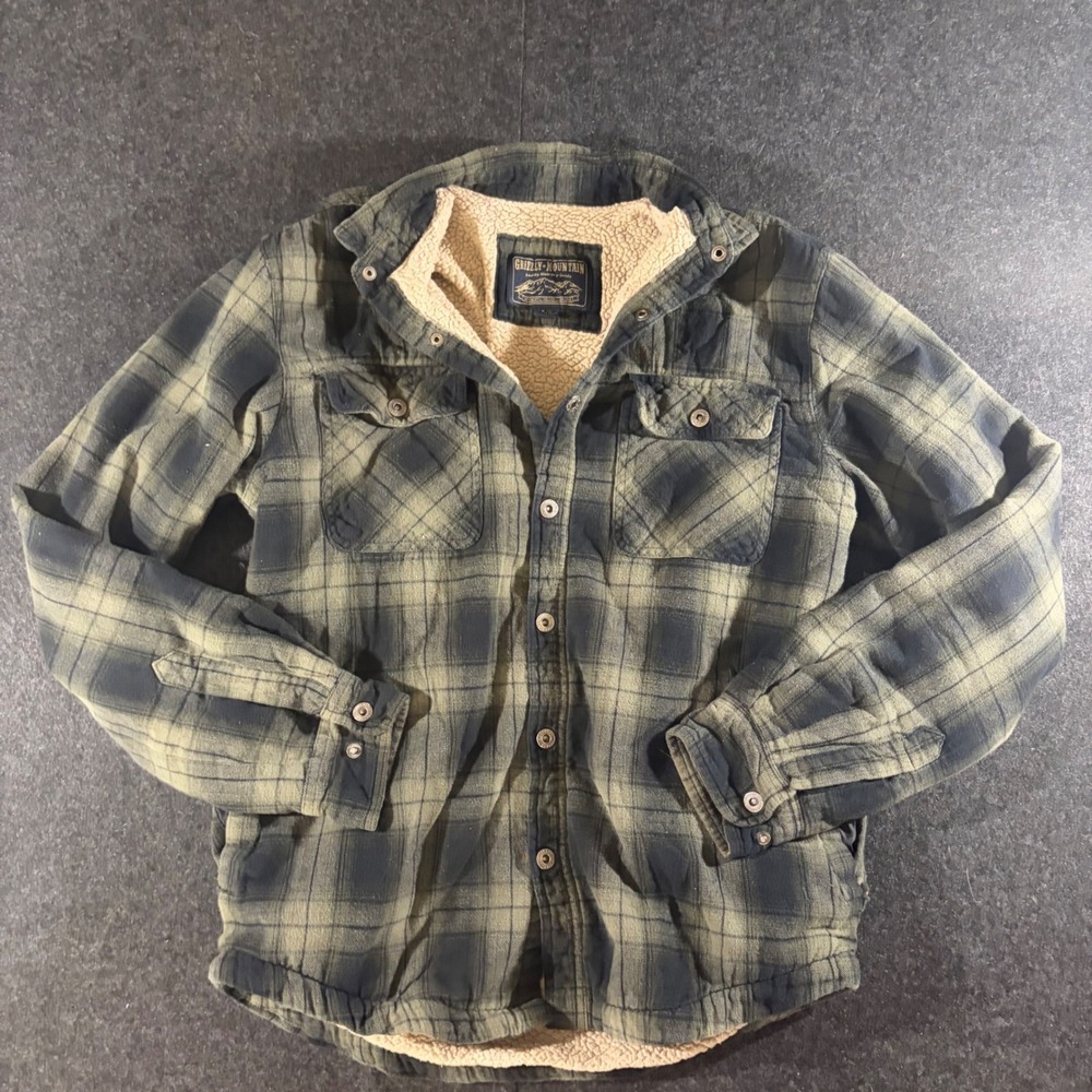 Grizzly Mountain Flannel Mens Small Green Plaid Sherpa Lined Jacket
